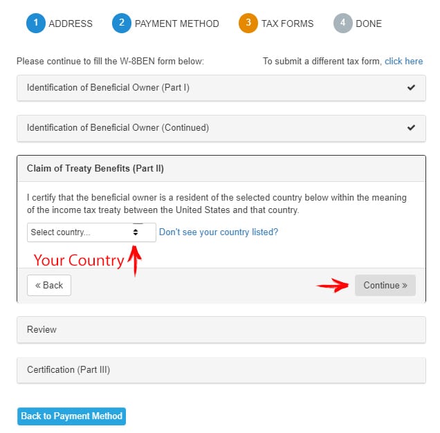 Choose Country for Tax Form