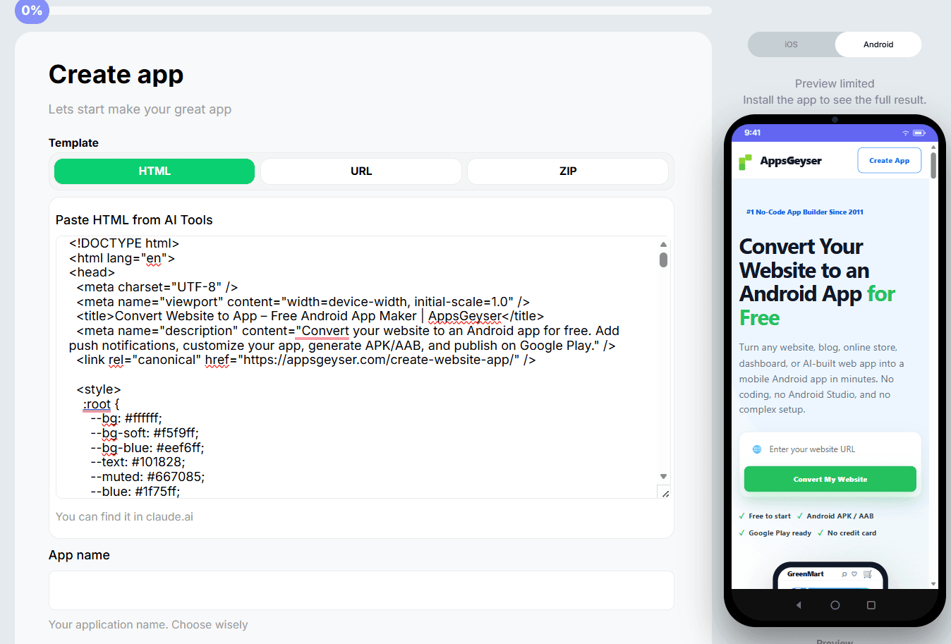 AppsGeyser create app screen