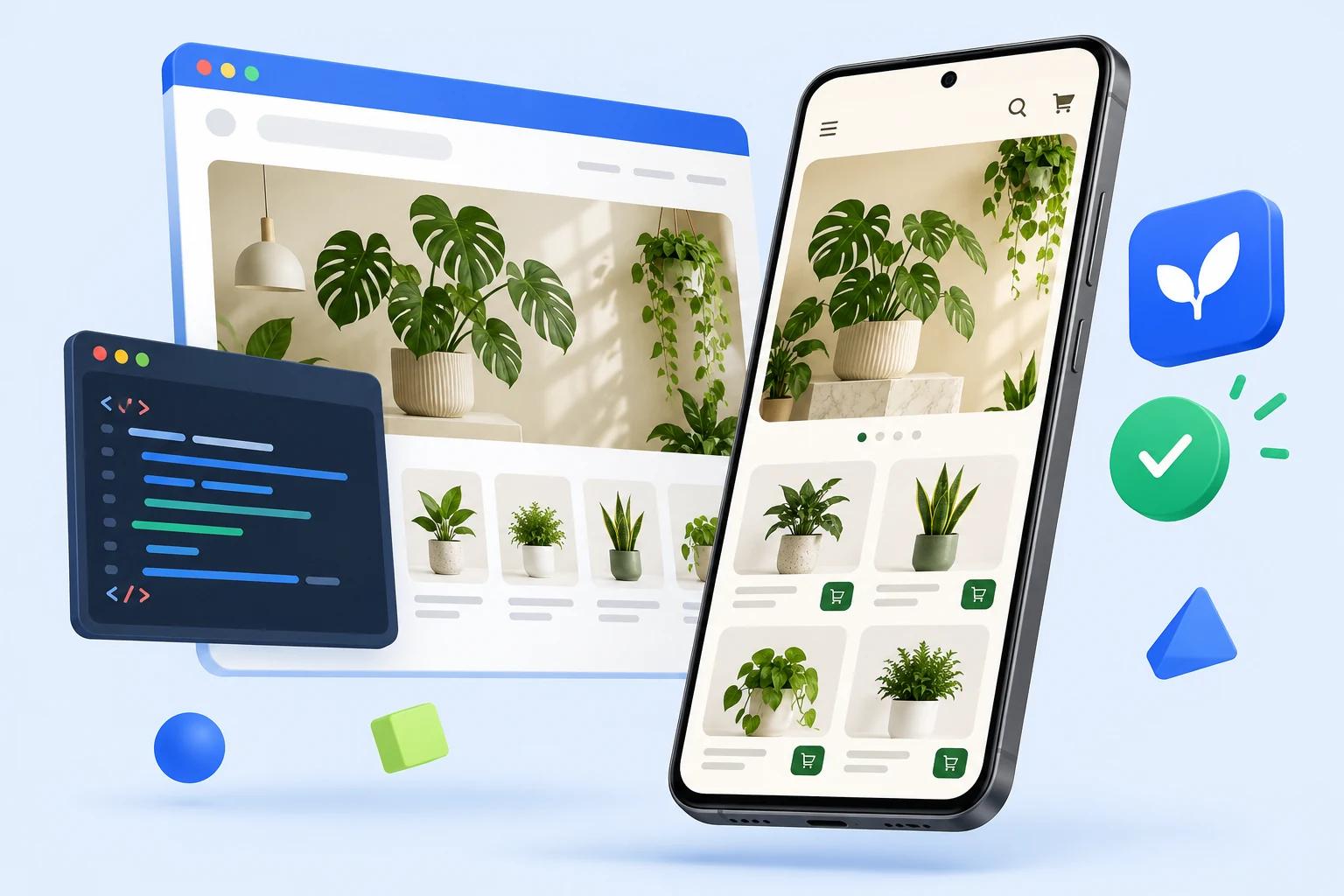 Illustration of a website and HTML code becoming an Android app
