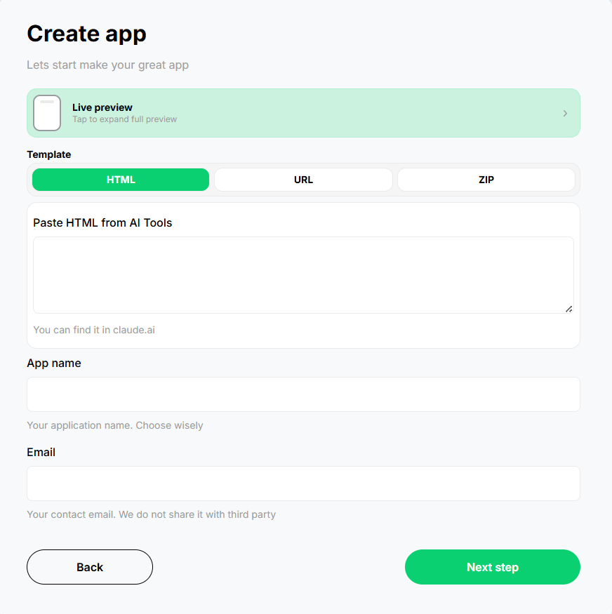 URL, HTML, or ZIP import screen