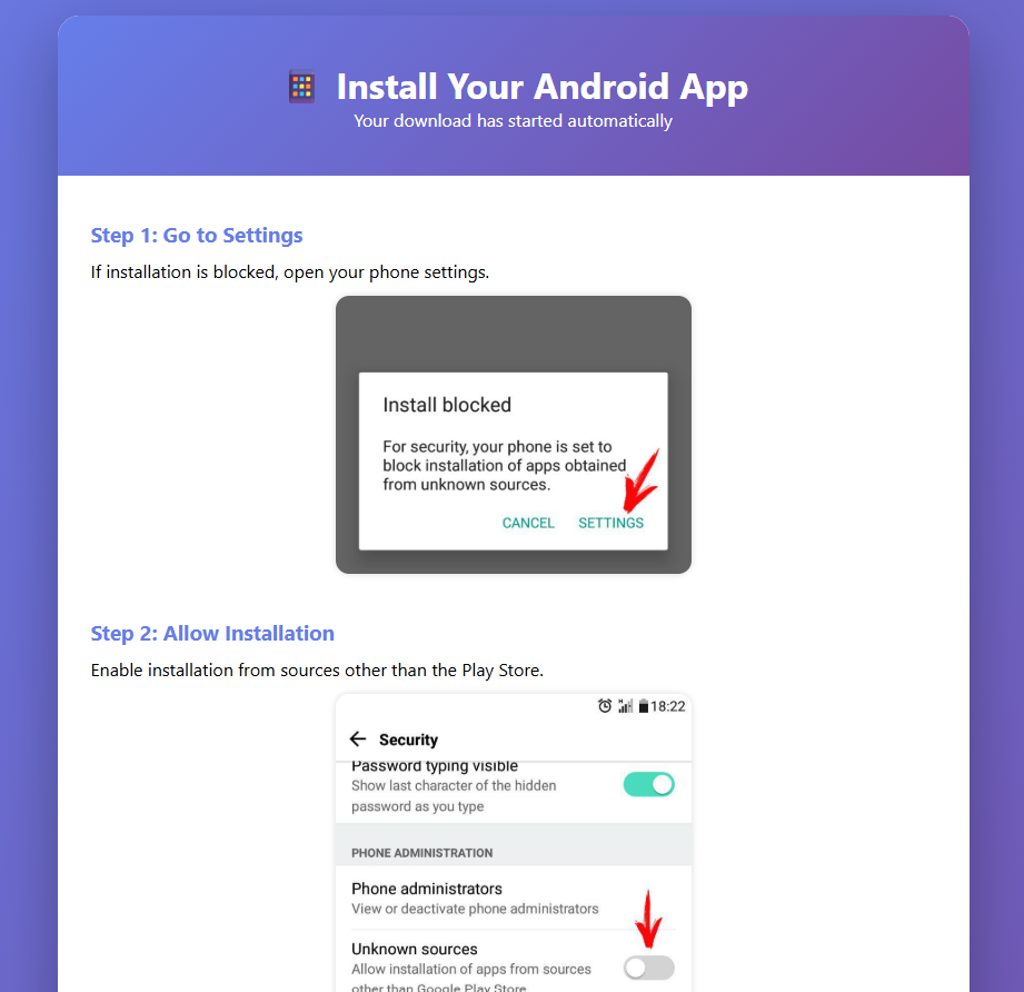 Install your Android app screen