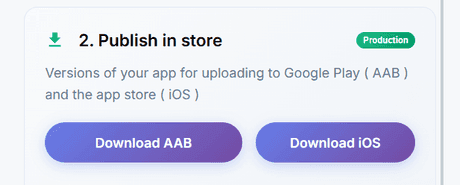 AppsGeyser publish in store screen — Download AAB and iOS