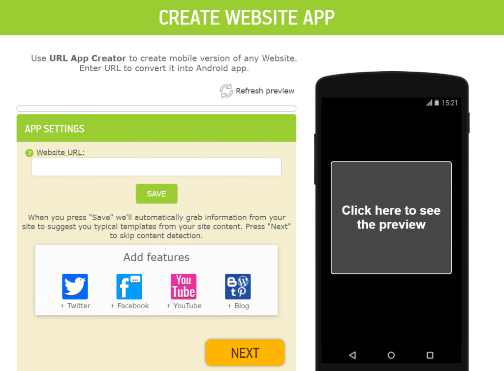 open app template to convert website to an app