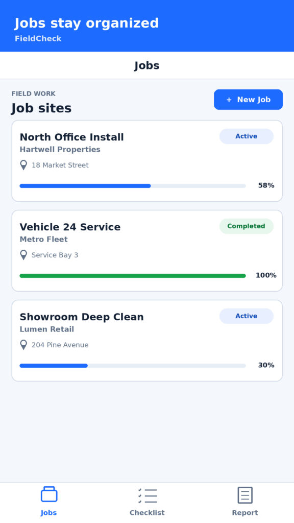 How to Convert HTML to APK for Free 5 Android field service app showing organized job sites and completion progress