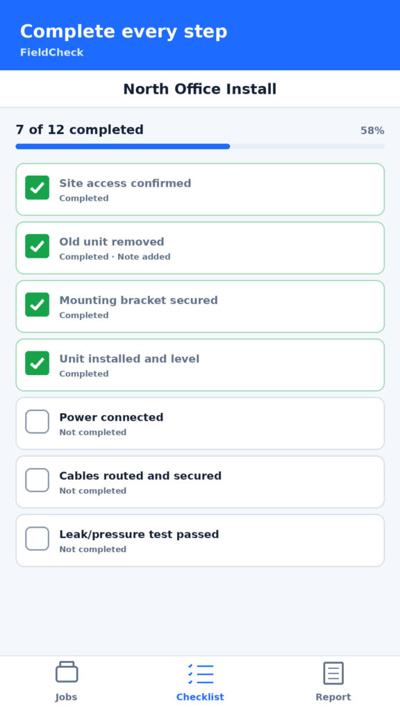 How to Convert HTML to APK for Free 6 Android job checklist showing completed and outstanding installation tasks