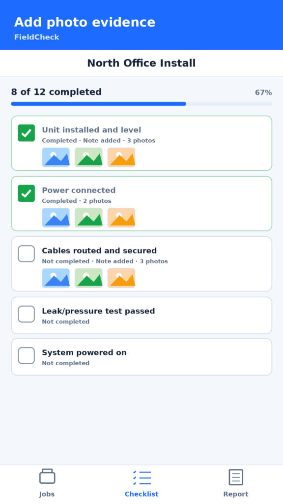How to Convert HTML to APK for Free 7 Android checklist app showing photo evidence attached to job tasks