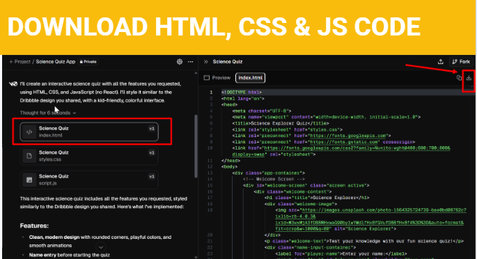 Download ZIP file with HTML, CSS, JavaScript code