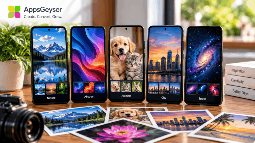 Android phones displaying Nature, Abstract, Animals, City, and Space wallpaper categories
