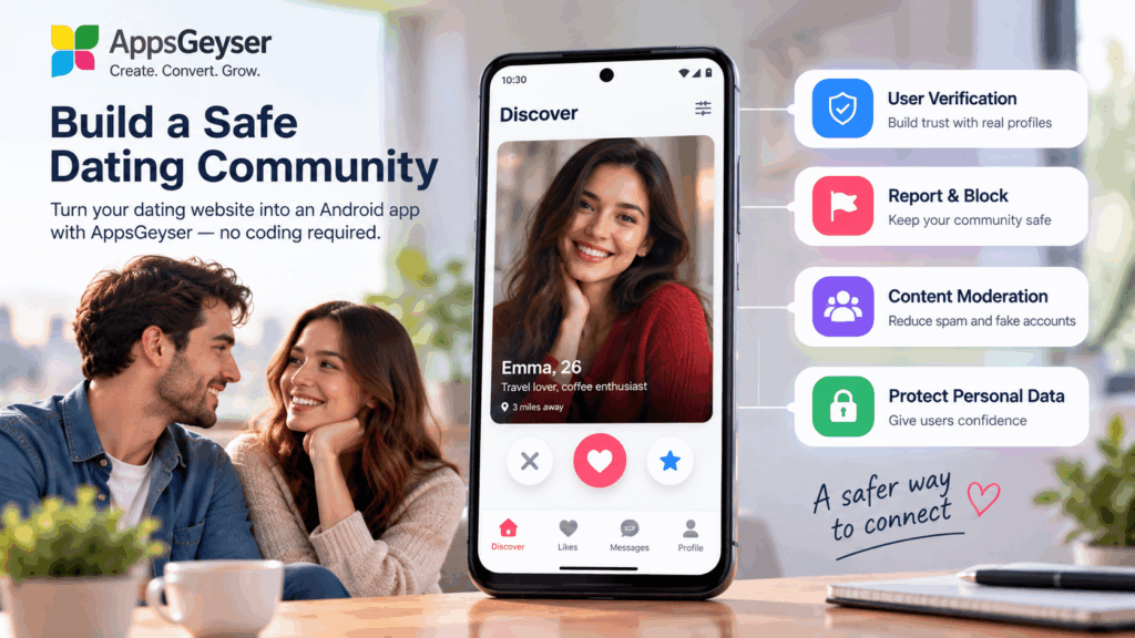 Dating App Creator: Turn a Dating Website Into an Android App 2 Dating app interface illustrating user verification, reporting, moderation, and personal data protection