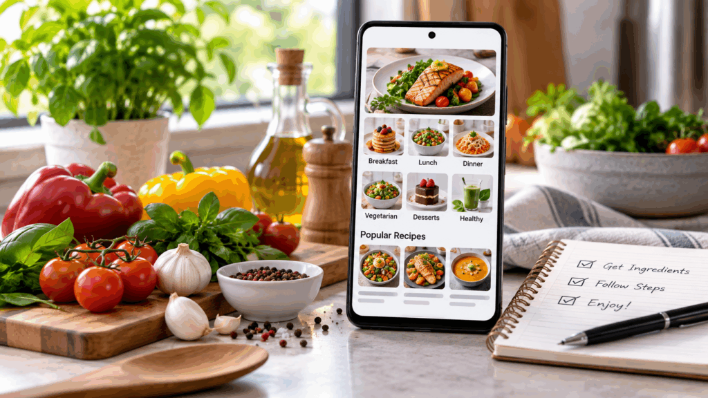 Android recipe app displaying breakfast, lunch, dinner, vegetarian, dessert, and healthy recipe categories