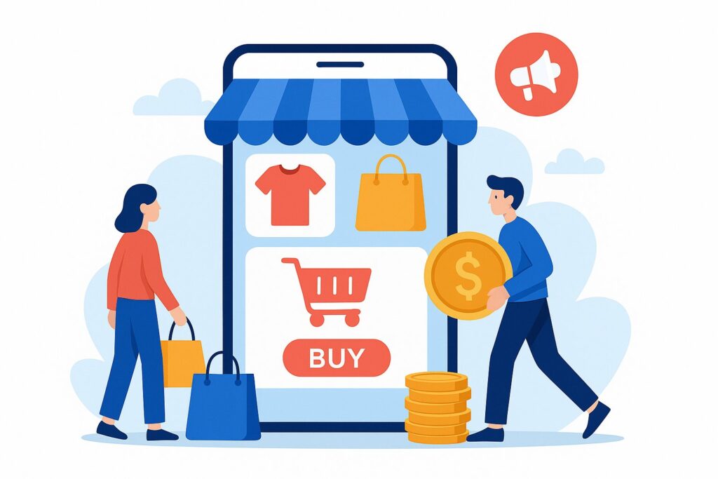 How to Build a Store App for Free: The Ultimate Guide for Small Businesses and Online Shops 1 Mobile store app illustration with storefront awning, shopping cart and customers