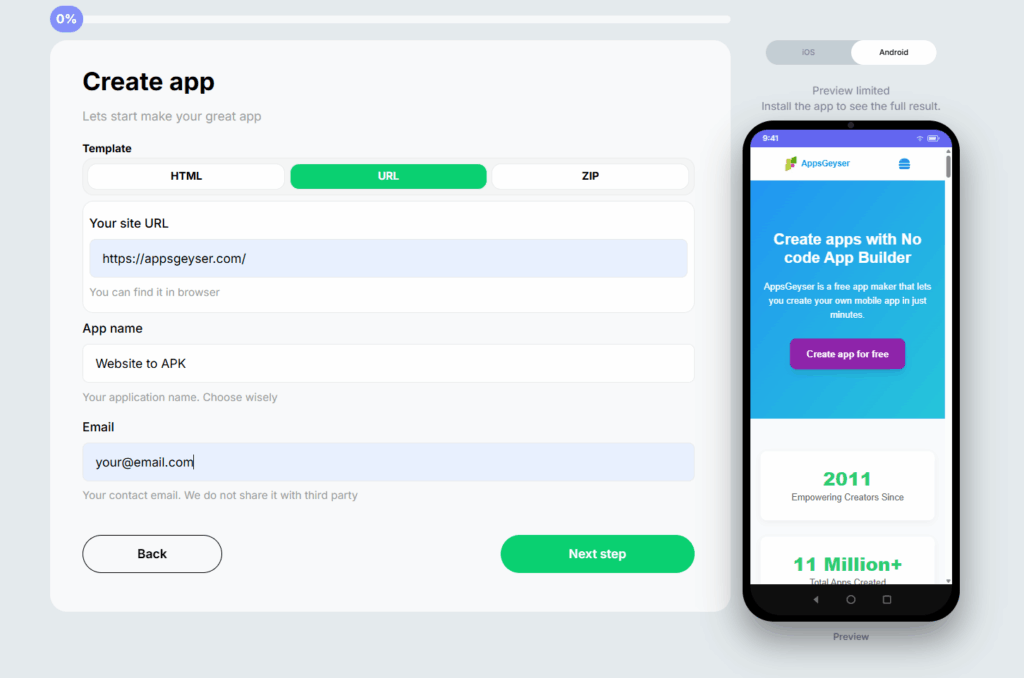 Appsgeyser Website to app builder