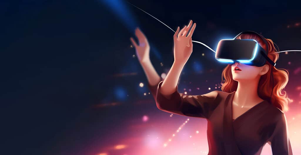 A girl in virtual reality glasses on a blue background, banner, Generative AI content