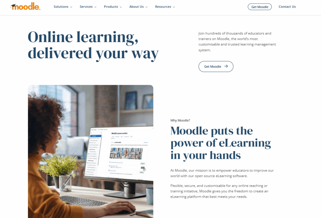Moodle's home page highlights its global community and scale (over 154,000 sites worldwide). This open-source LMS has a long history in education.