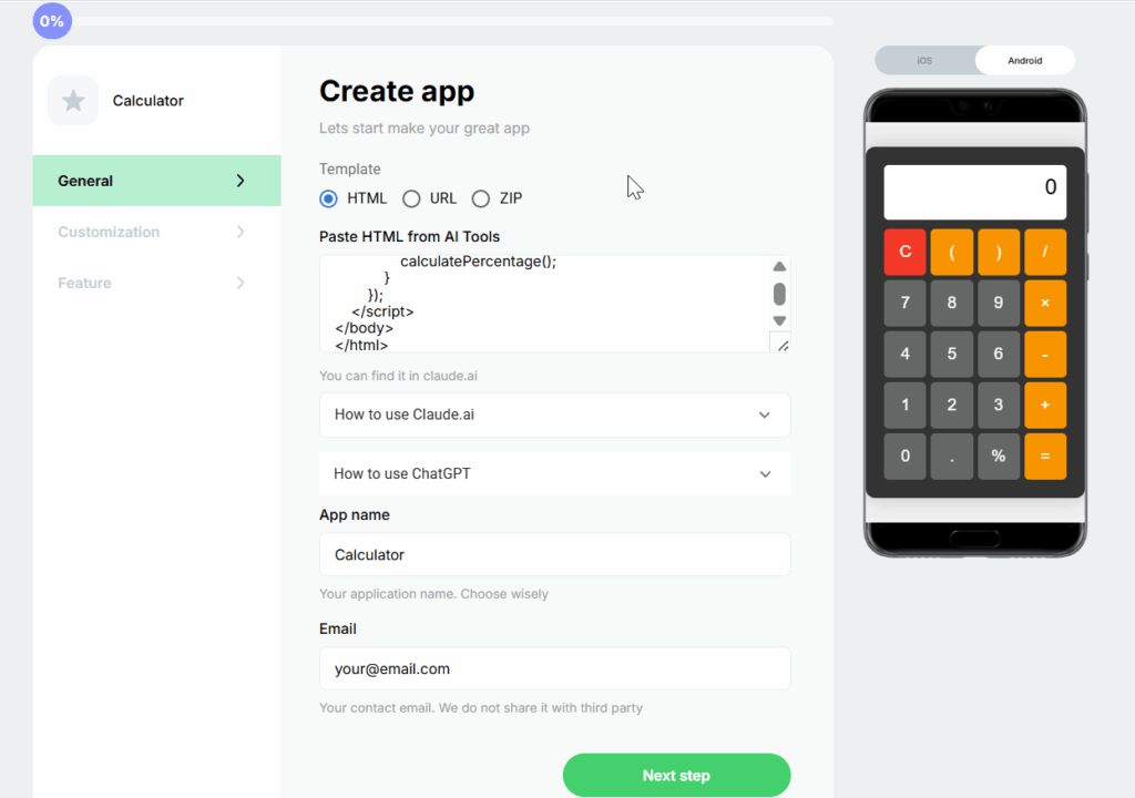 Paste your HTML calculator code into Appsgeyser App maker