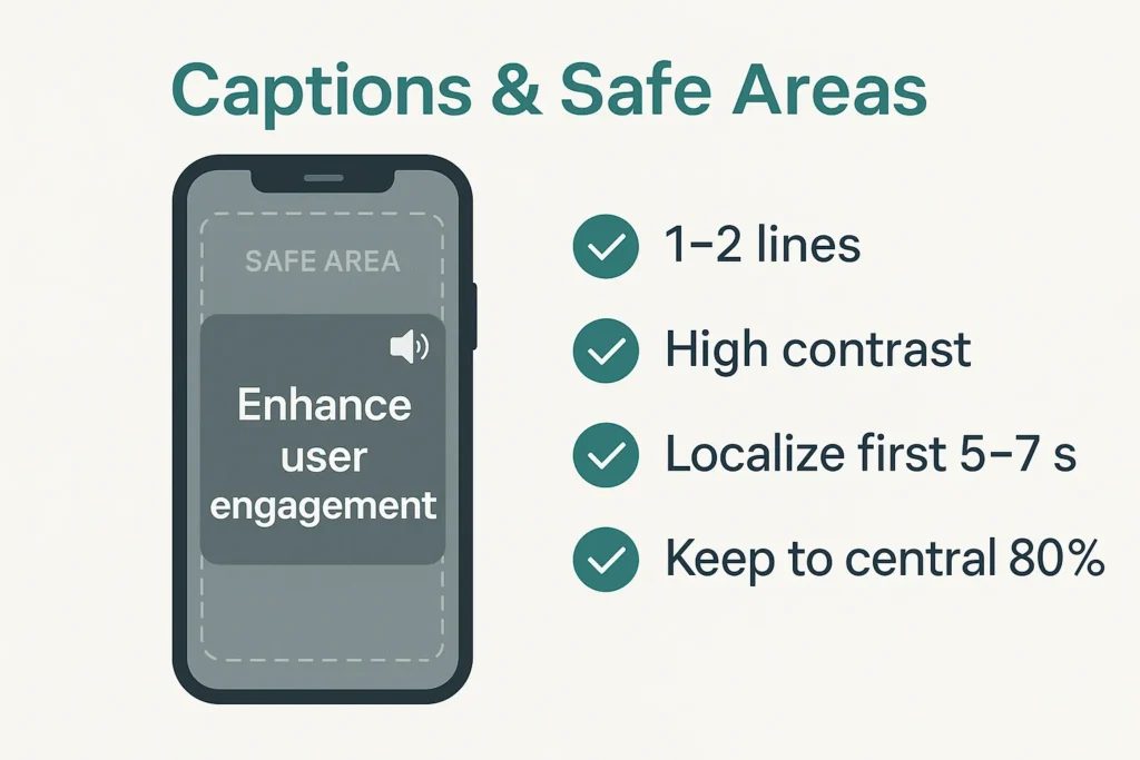 Captions & Safe Areas — phone mockup showing central safe area and tips: 1–2 lines, high contrast, localize first 5–7 seconds, keep to central 80%.