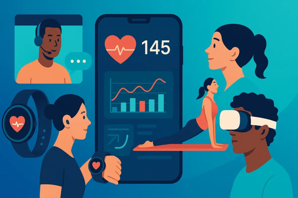 Fitness & wellness app development trends: AI coaching, wearables, AR/VR, telehealth charts on smartphone UI