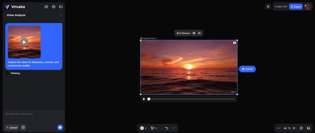 Vmake AI tool reviewing video quality before 4K upscaling