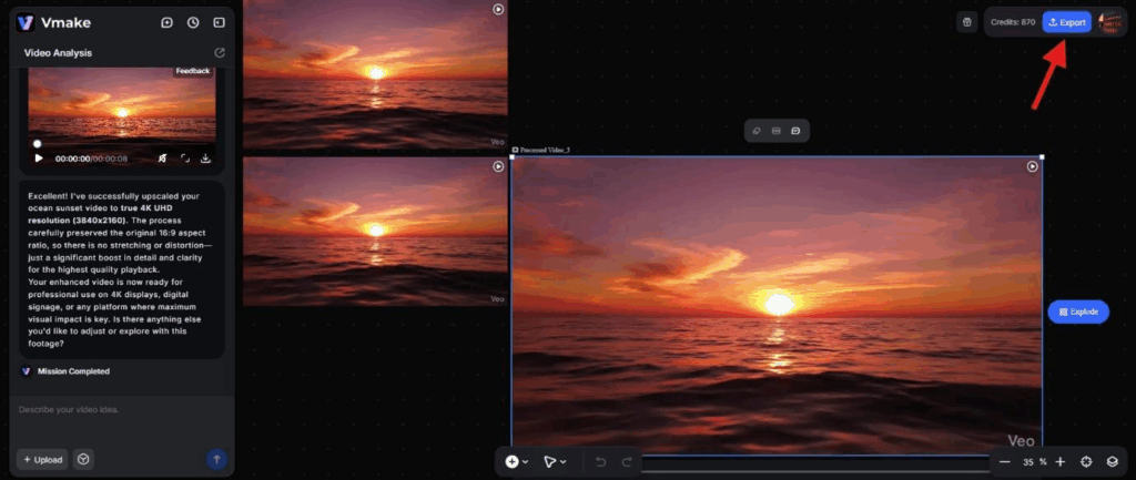 Exporting the final 4K upscaled gaming video from Vmake