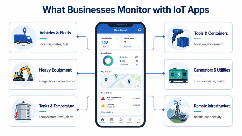 Infographic showing business assets monitored with IoT apps, including vehicles, heavy equipment, tanks, tools, generators, and remote infrastructure
