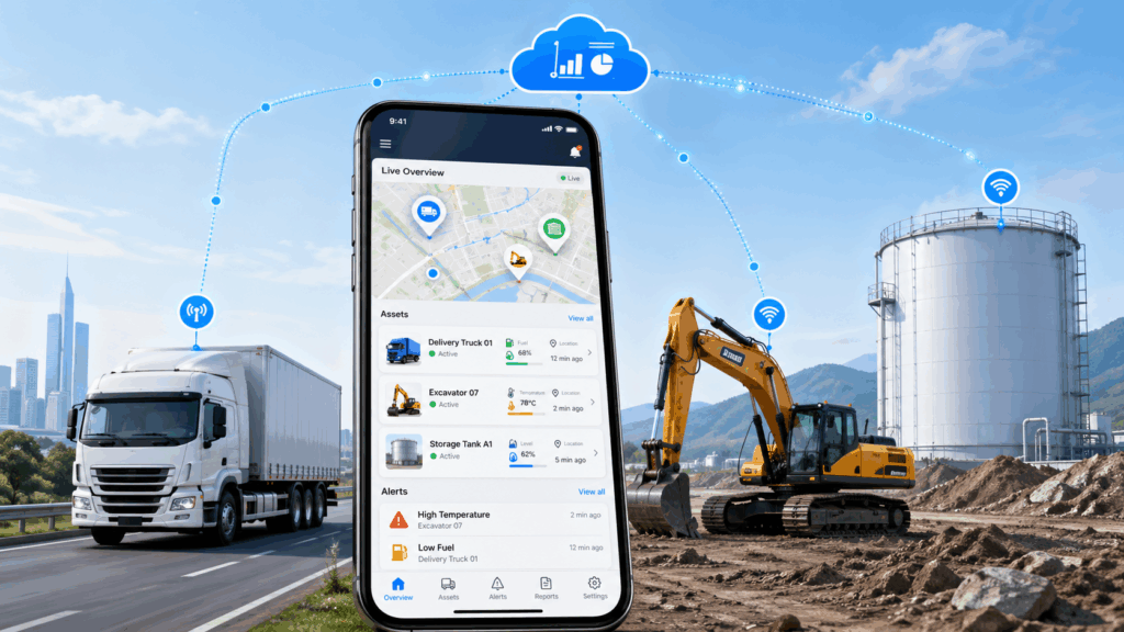 IoT app dashboard monitoring vehicles, heavy equipment, and remote storage tanks with real-time alerts and cloud connectivity