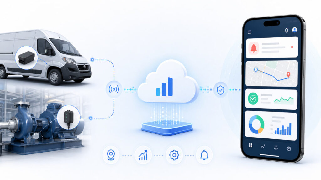 IoT sensors on vehicles and industrial equipment sending data to a cloud platform and mobile monitoring dashboard