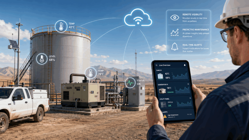 Technician using an IoT monitoring app to track remote industrial assets, tank temperature, generator status, and alerts