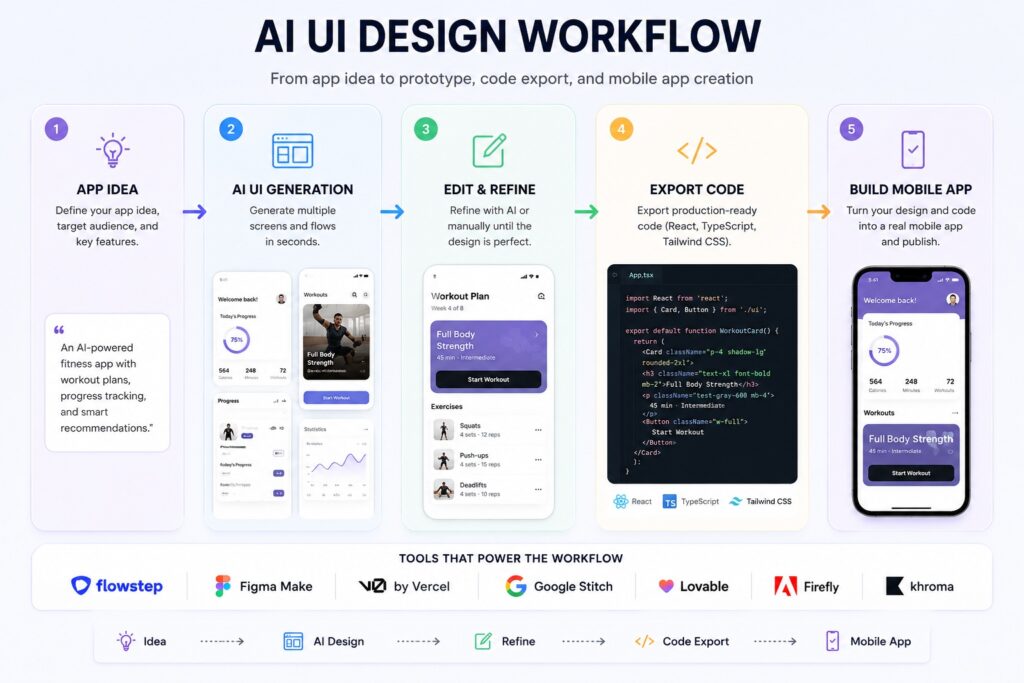 AI UI design workflow from app idea to prototype, code export, and mobile app creation