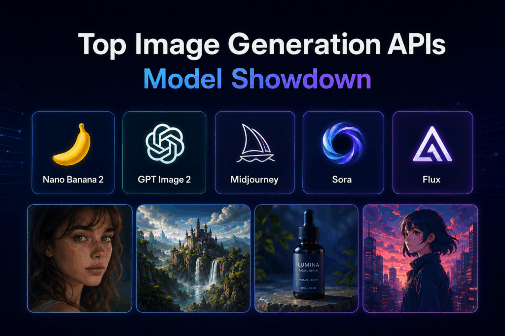 Top image generation APIs comparison with model logos and sample AI-generated images