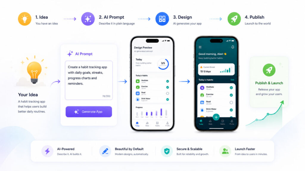 AI app builder workflow from idea and AI prompt to app design, build, and publish