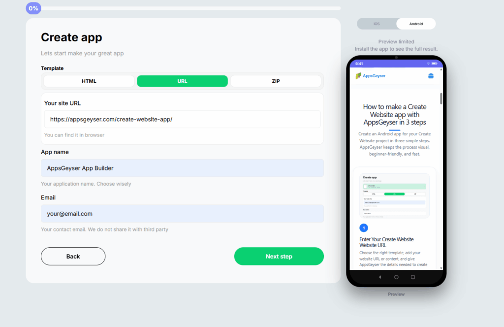 AppsGeyser URL app builder screen for converting a public website link into an Android app