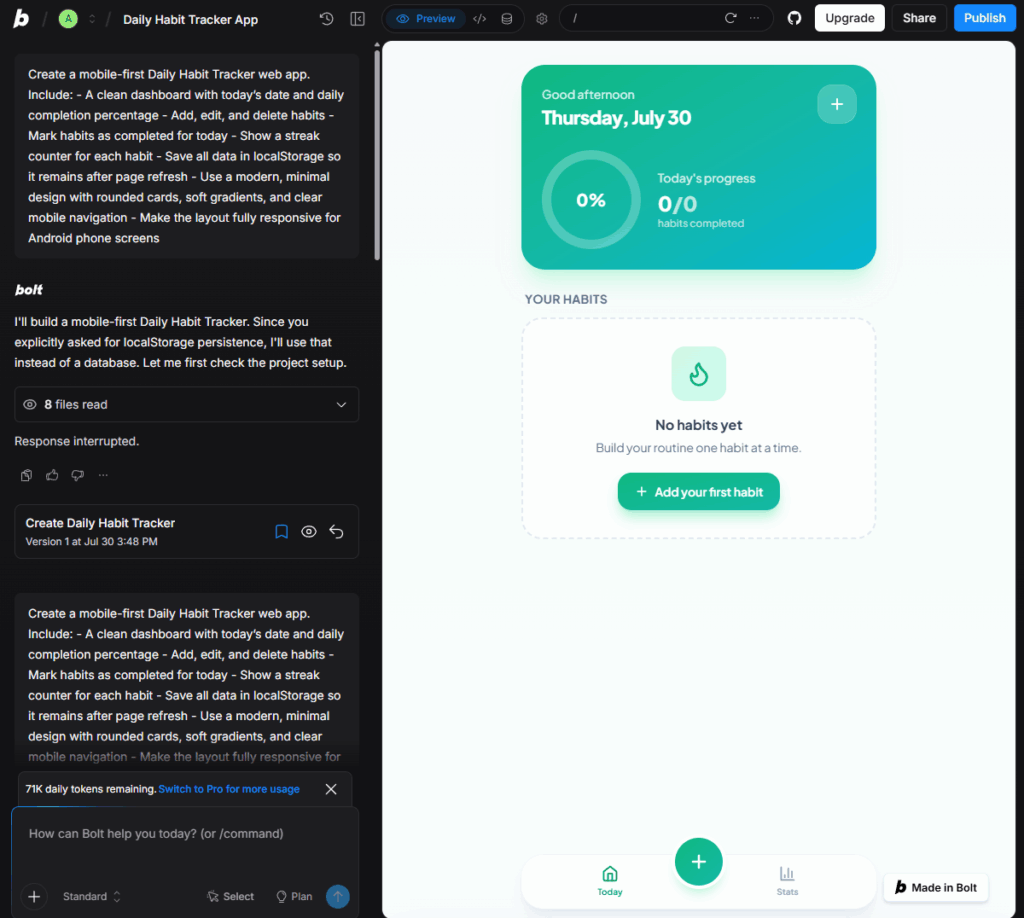 Creating a daily habit tracker web app in Bolt.new