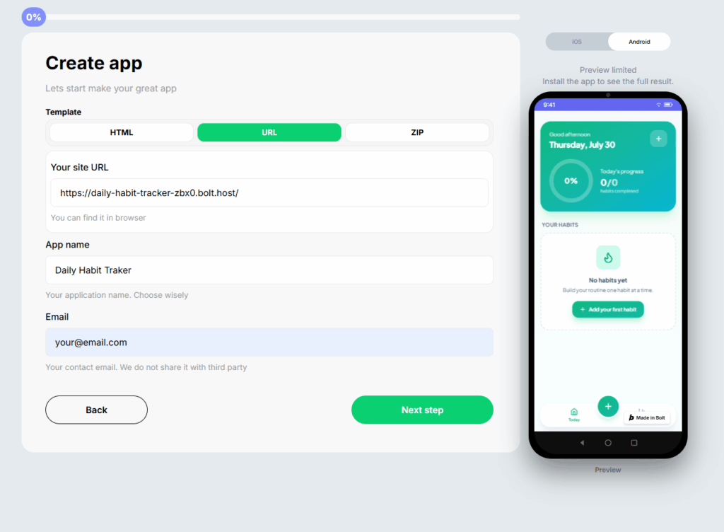 Adding a published Bolt.new project URL in AppsGeyser to create an Android app