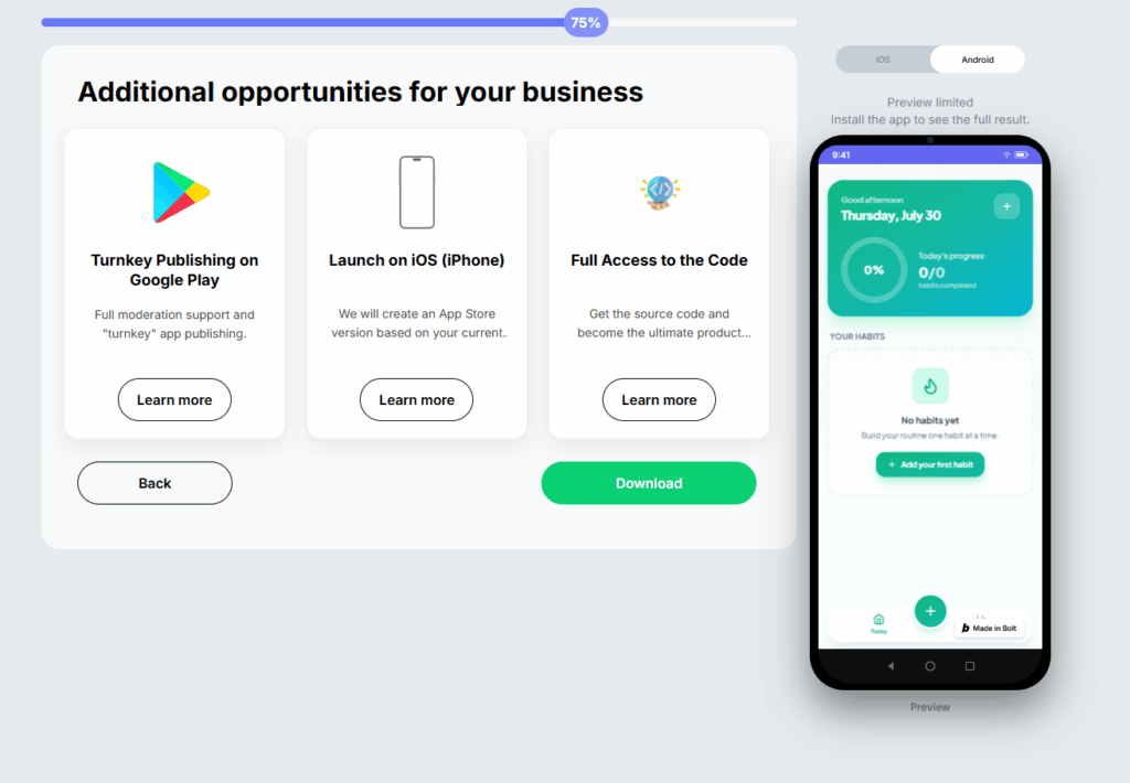 Choosing Android app options and downloading the generated app in AppsGeyser