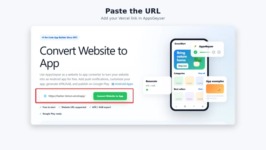 AppsGeyser Website App builder with a Vercel production URL entered