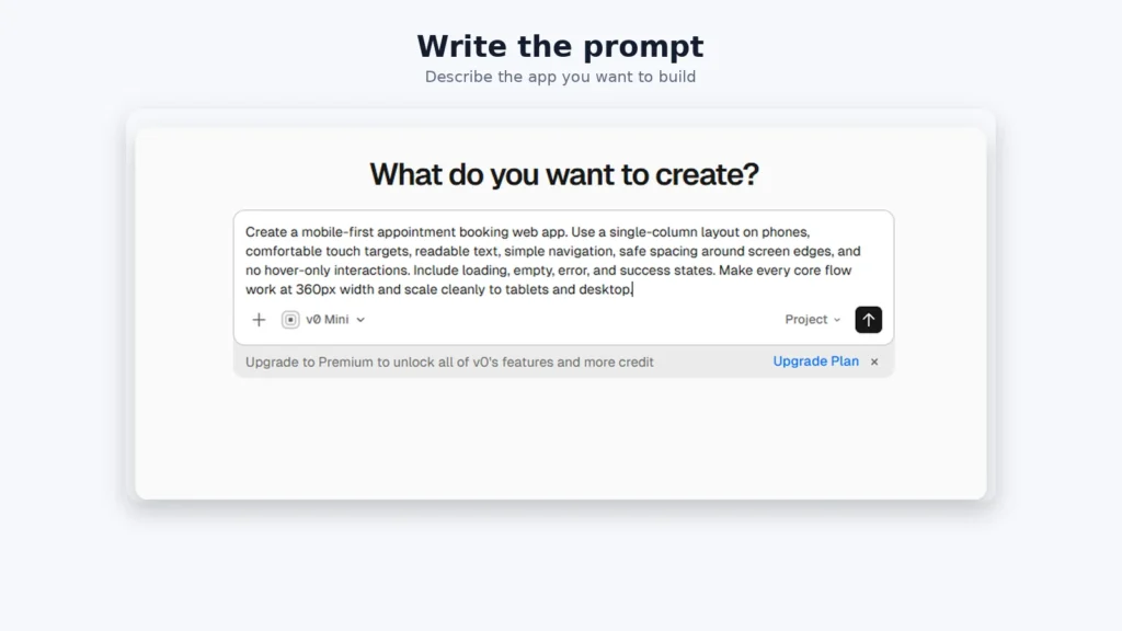 v0 prompt describing a mobile-first appointment booking web app