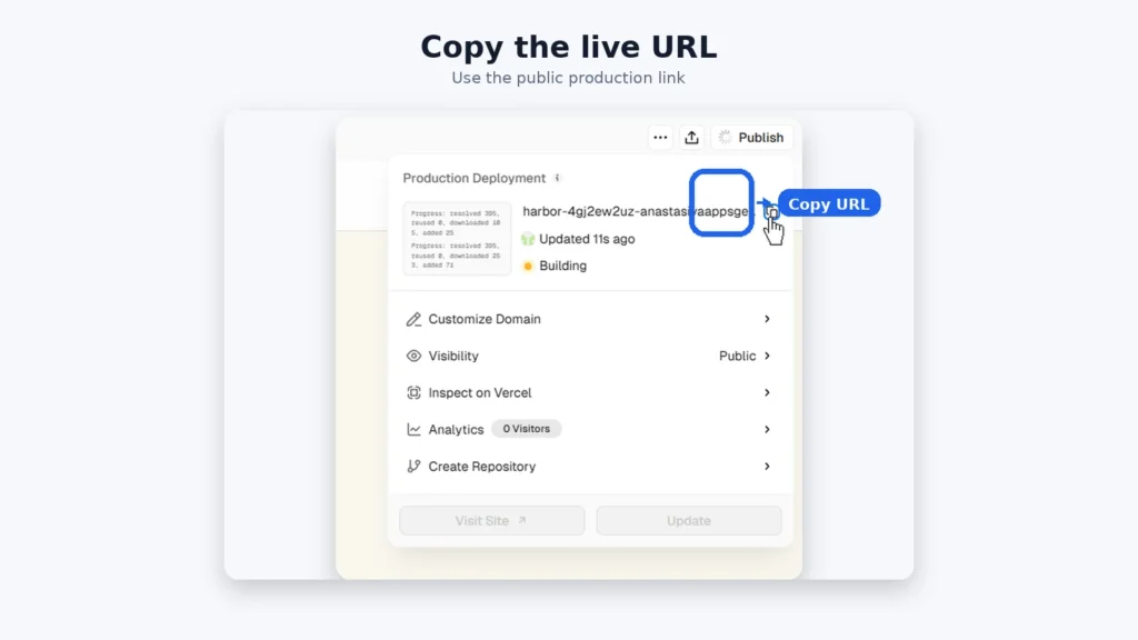 Vercel production deployment panel with the public URL copy control highlighted