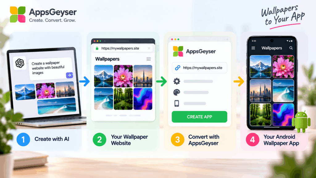 Workflow from an AI-created wallpaper website to an Android app with AppsGeyser