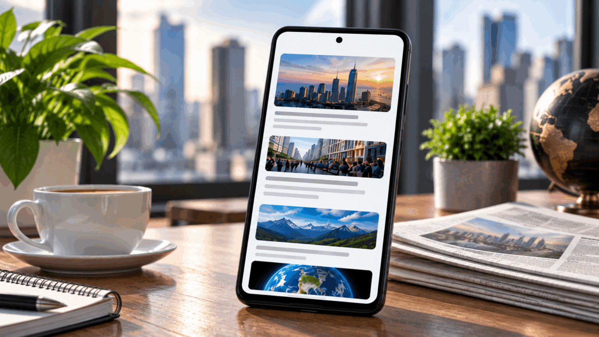 Android phone displaying a generic mobile news feed