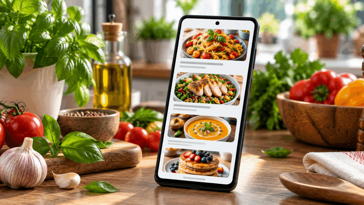 Android phone displaying recipes beside fresh cooking ingredients
