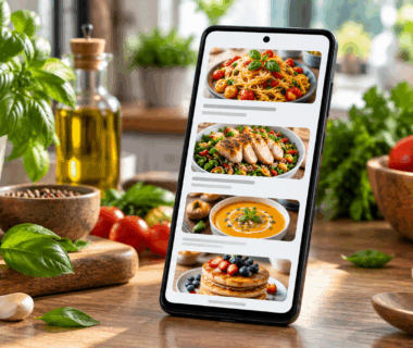 Android phone displaying recipes beside fresh cooking ingredients