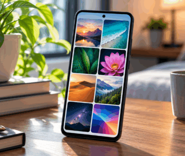 Android phone displaying a collection of colorful wallpaper images