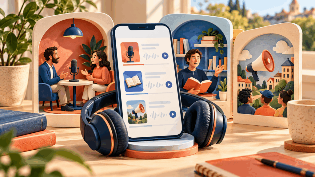 Smartphone audio library with interviews, spoken lessons, and community announcements.