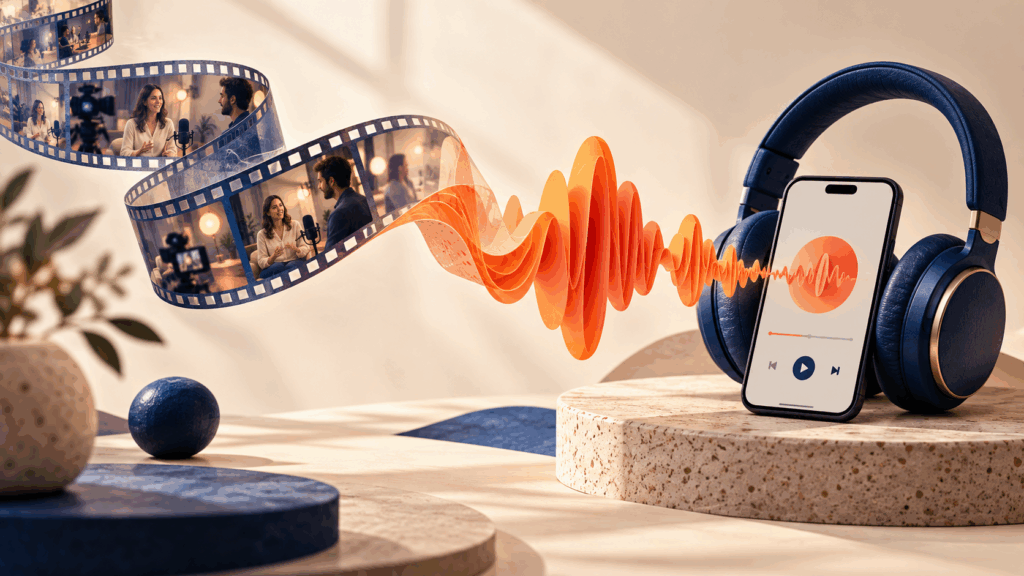 Video frames transforming into an audio waveform beside a smartphone and headphones.