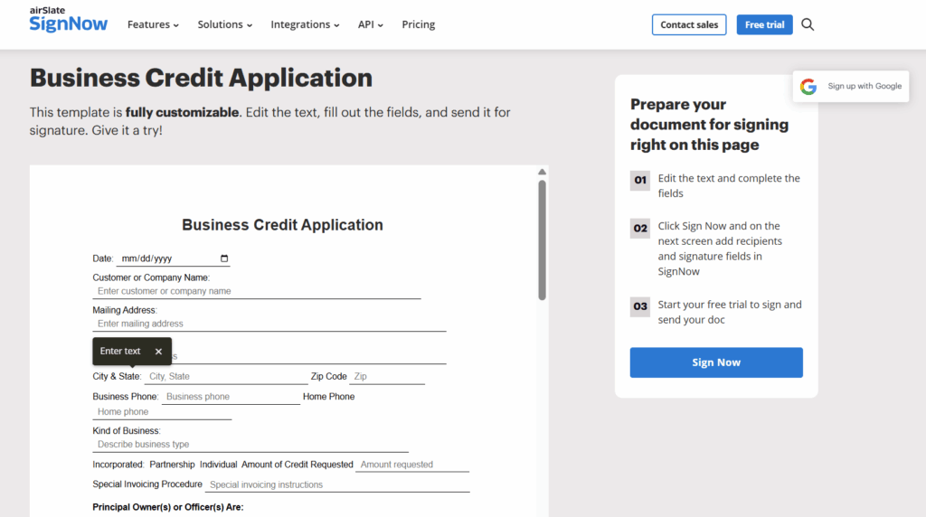 Business credit application form in signNow with company details and requested credit amount