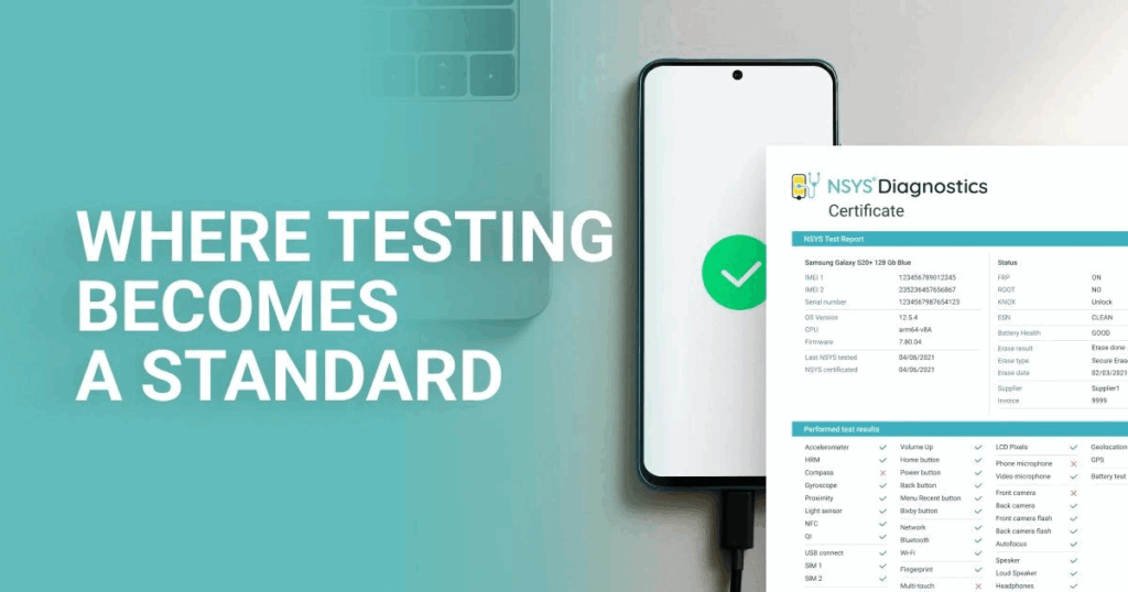 Phone diagnostics certificate with test results linked to the device IMEI