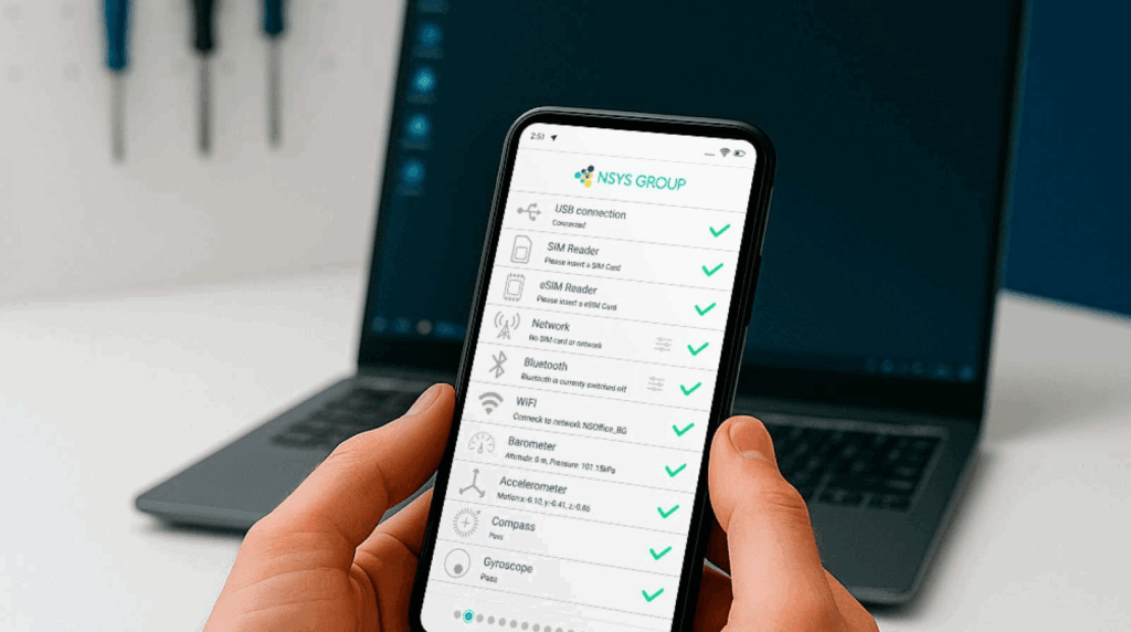 NSYS Diagnostics interface testing a used iPhone for component authenticity and IMEI status