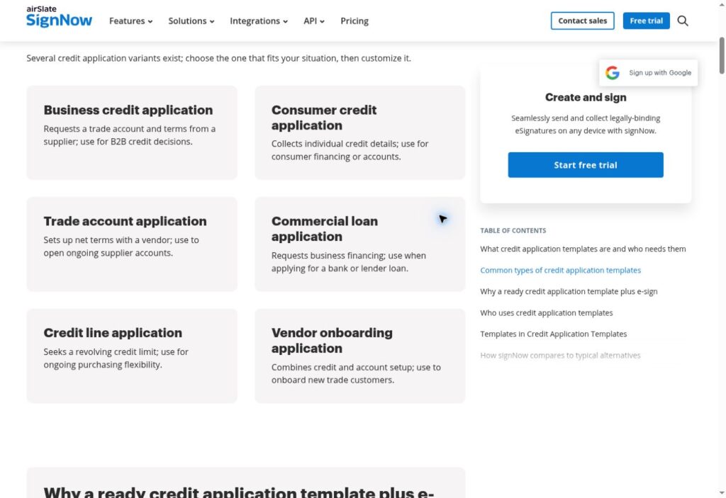 Credit application template categories for trade credit and other business financing requests