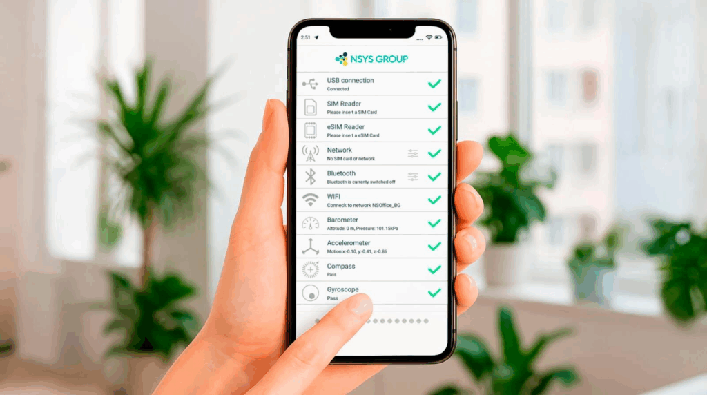 Mobile phone diagnostic test results covering display, battery, cameras, sensors and connectivity