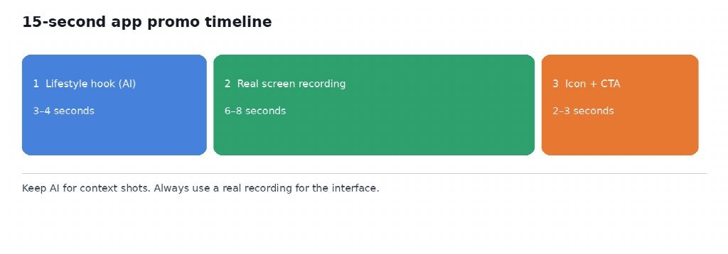 15-second app promo video timeline: AI image-to-video hook, real app demo, and call to action